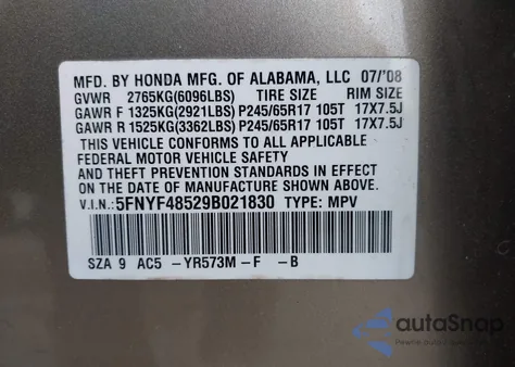 2009 Honda Pilot Ex-L из США, поврежденный, VIN 5FNYF48529B021830